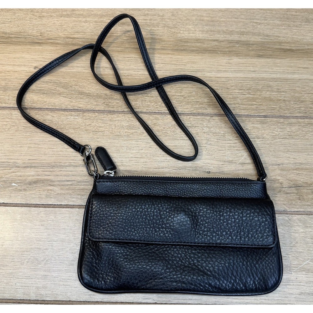 Brooks Brothers Black Leather Crossbody Bag Small Pebble Grain Flap Pouch Wallet